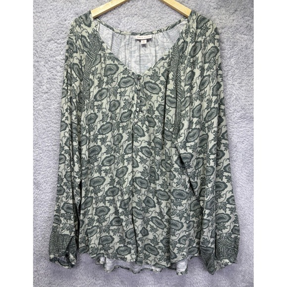 Knox Rose Tops - Knox Rose Women Tunic Top  XXL Green Floral Long Slv V-Neck Popover Boho Peasant